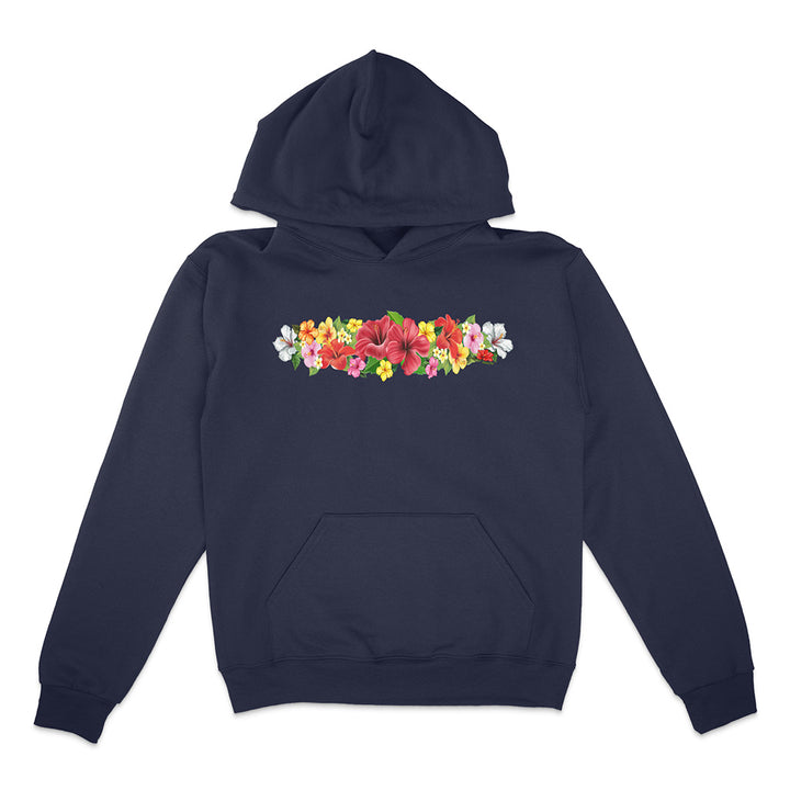 Navy blue hoodie with colorful floral design on a white background