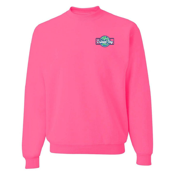 Pink sweatshirt with a logo on the chest against a white background
