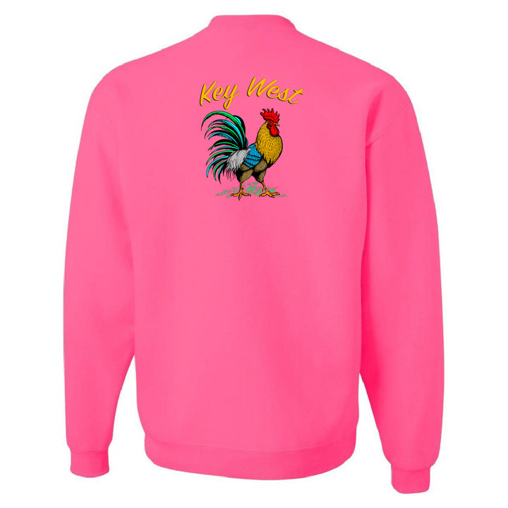 Pink sweatshirt with a rooster graphic and 'Key West' text on the back against a white background