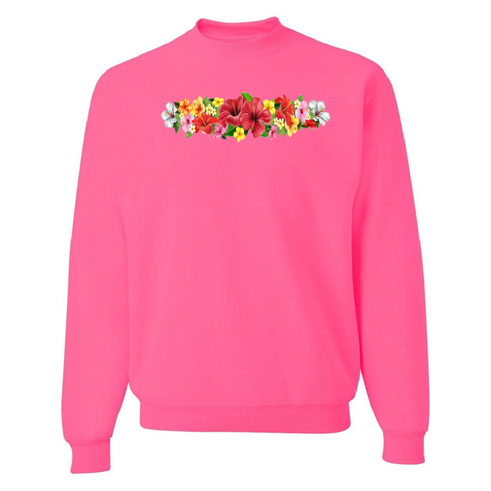 Pink sweatshirt with a colorful floral design on a white background