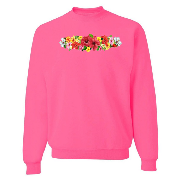Pink sweatshirt with a colorful floral design on a white background