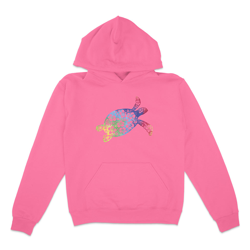 Pink hoodie with a colorful turtle design on a white background