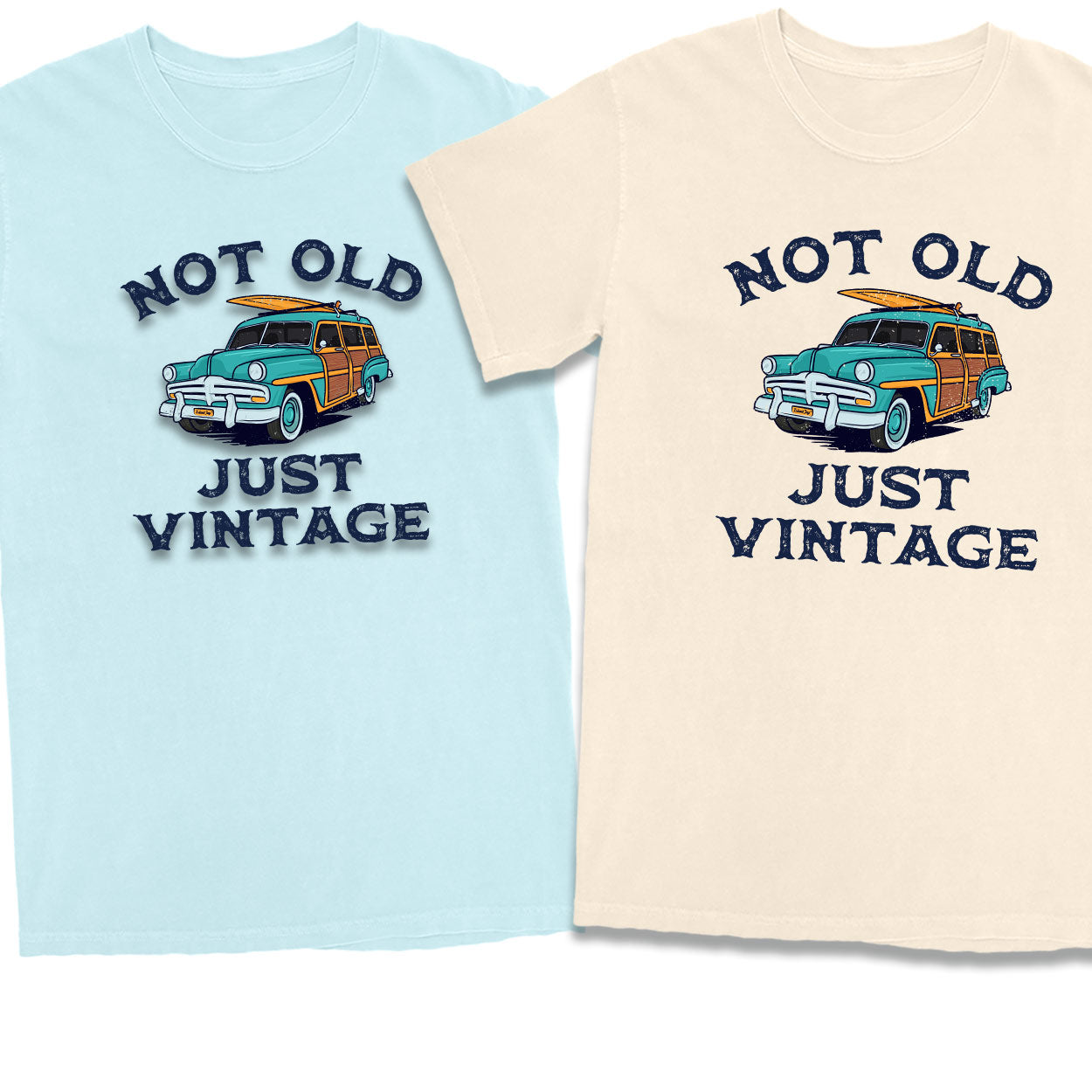Shop Men's I'm Not Old Just Vintage tees featuring an old woody car and surfboard. Shows the design in a distressed vintage style.