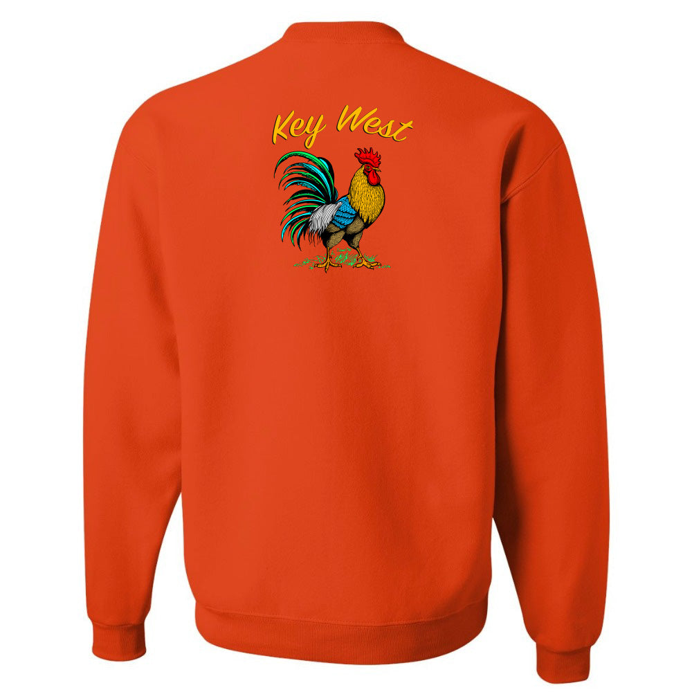 Orange sweatshirt with a rooster graphic and 'Key West' text on the back against a white background