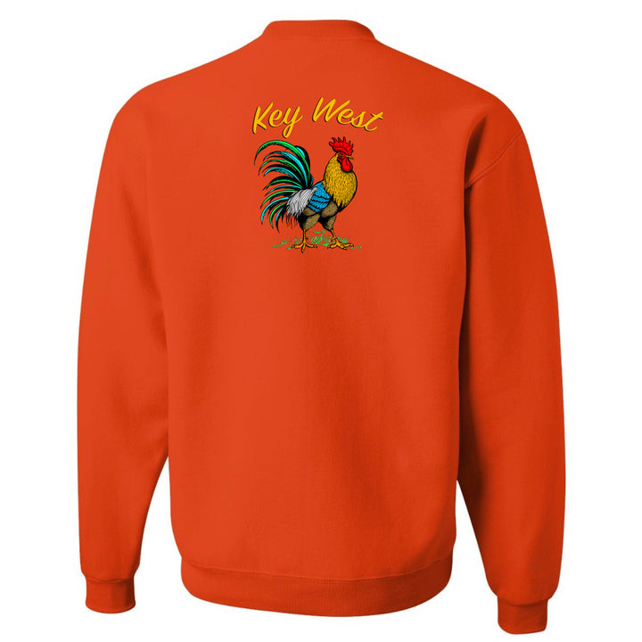 Orange sweatshirt with a rooster graphic and 'Key West' text on the back against a white background