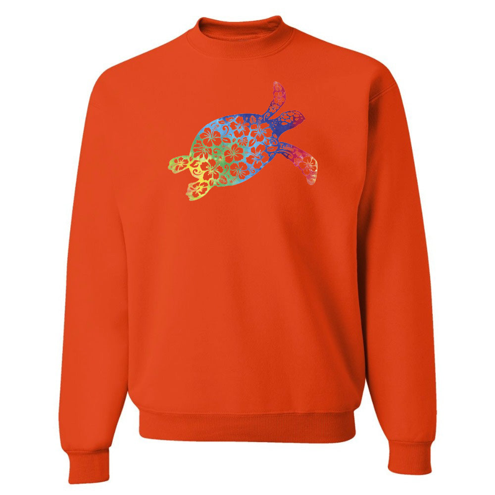 Orange sweatshirt with a colorful turtle design on a white background