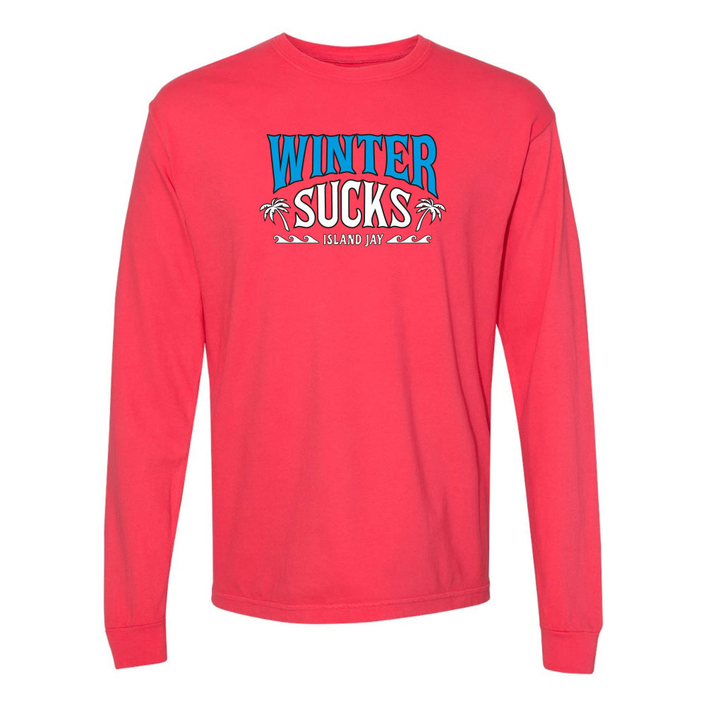 Red long-sleeve shirt with 'Winter Sucks' text on a white background