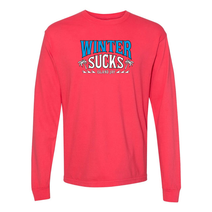 Red long-sleeve shirt with 'Winter Sucks' text on a white background