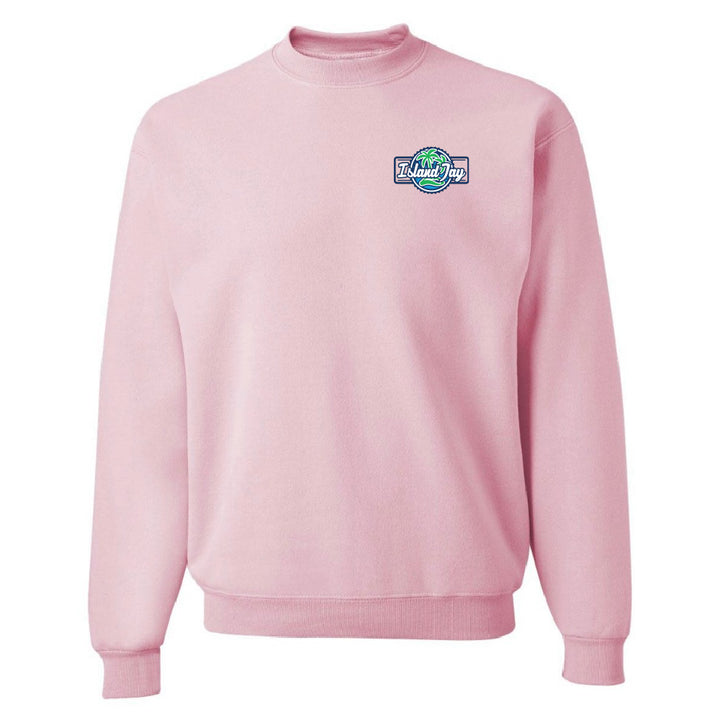 Pink sweatshirt with a logo on the chest against a white background