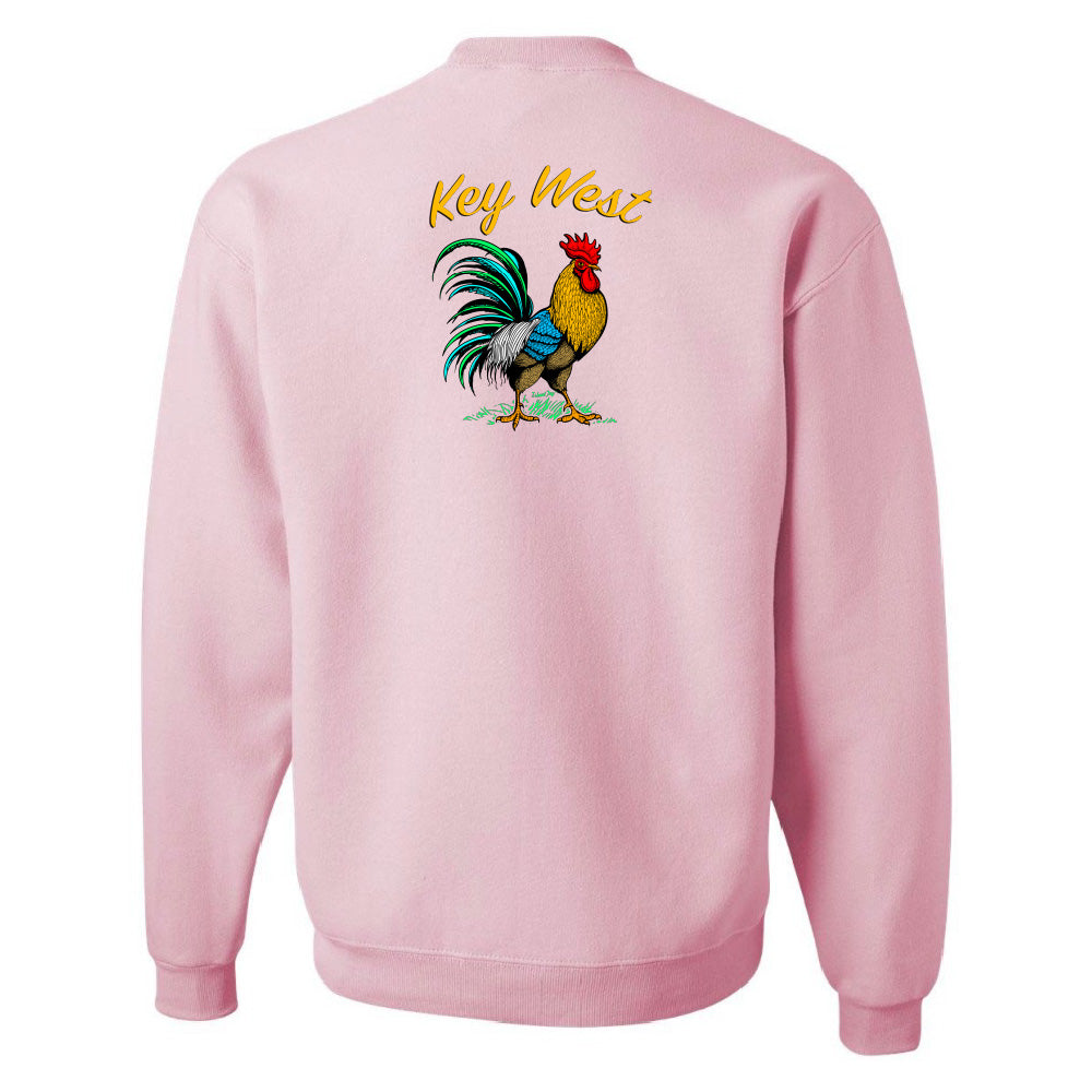 Pink sweatshirt with a rooster and 'Key West' text on the back against a white background
