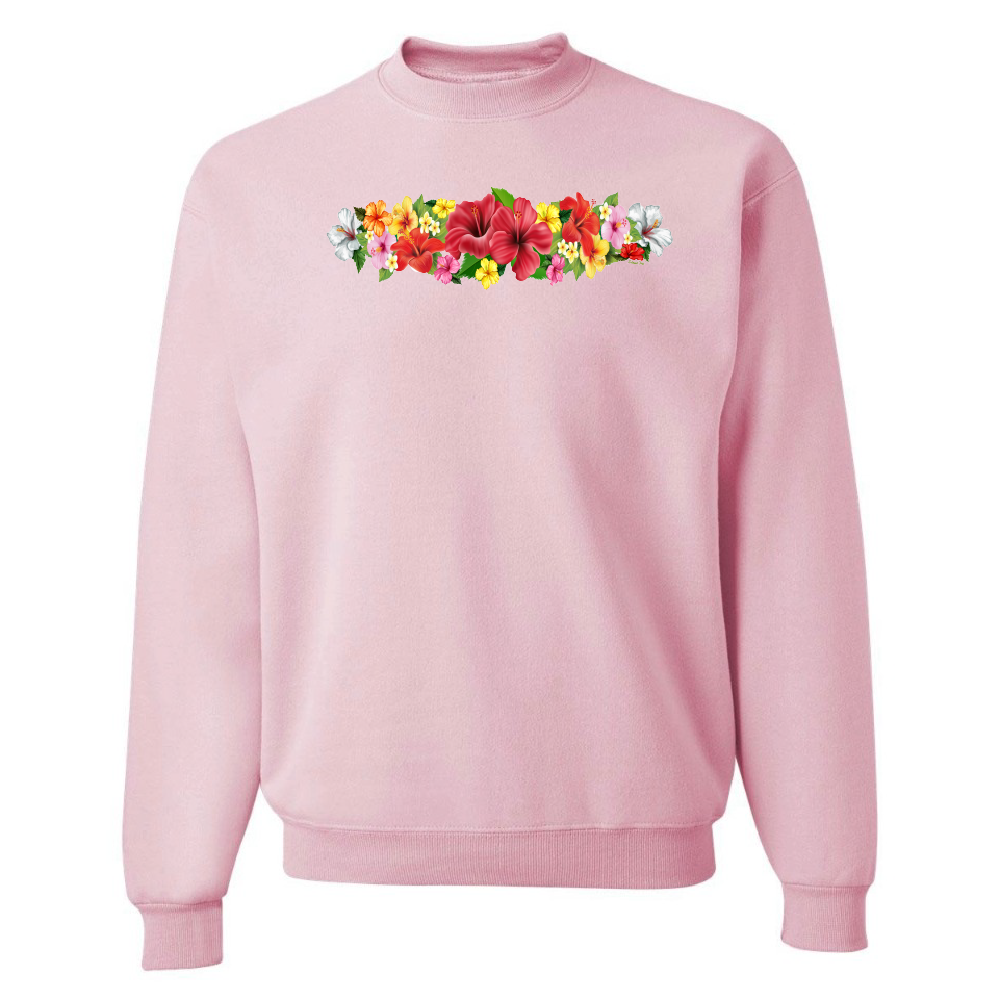 Pink sweatshirt with a colorful floral design on a white background
