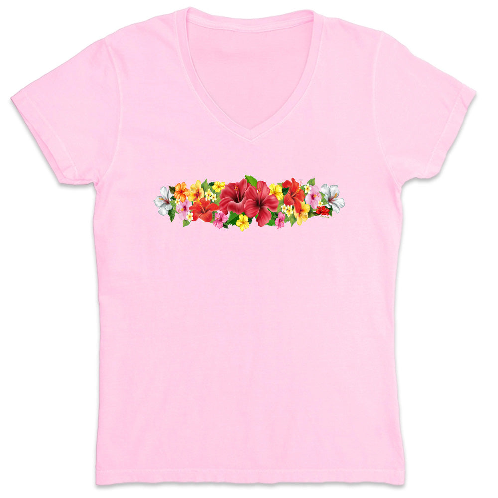 Pink t-shirt with colorful floral design on a white background