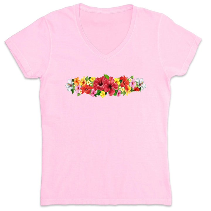 Pink t-shirt with colorful floral design on a white background