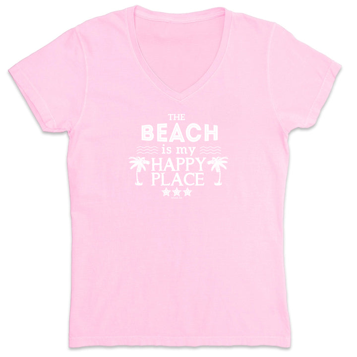 Pink t-shirt with 'The Beach is my Happy Place' text on a white background