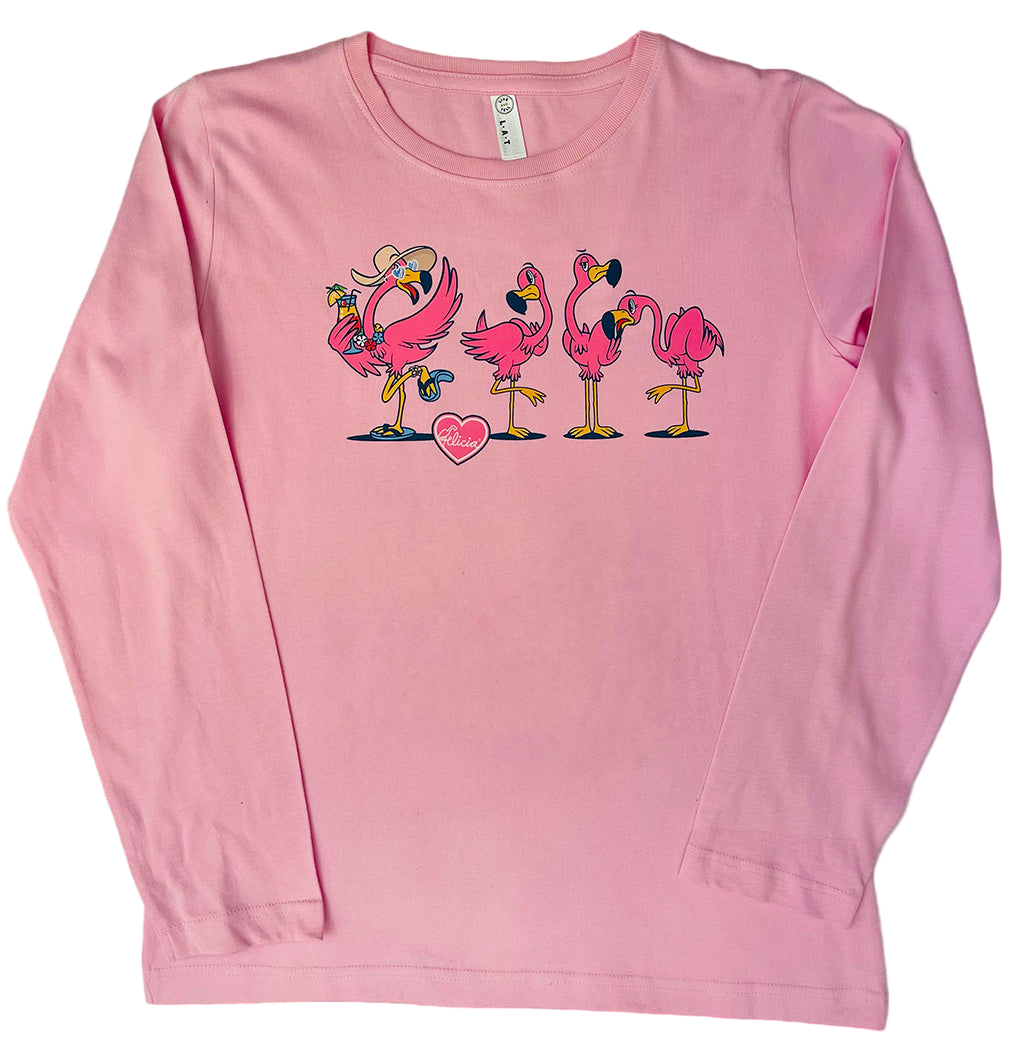 Pink long-sleeve shirt with cartoon flamingos design on a black background