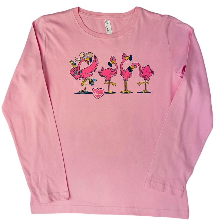 Pink long-sleeve shirt with cartoon flamingos design on a black background