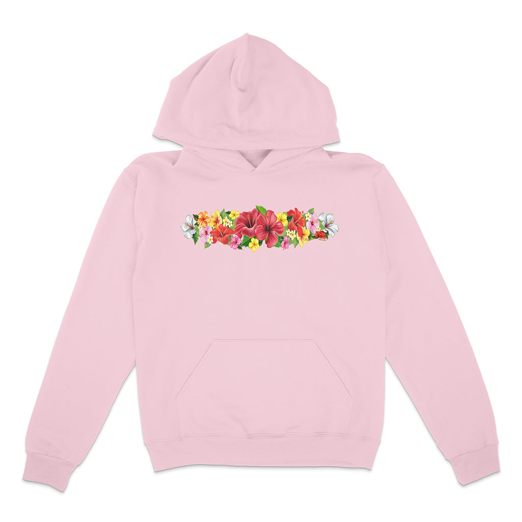 Pink hoodie with floral design on a white background
