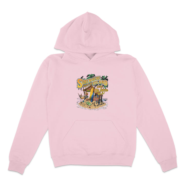 Pink hoodie with a graphic design on a white background