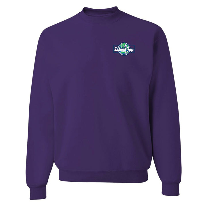 Purple sweatshirt with a logo on the chest against a white background