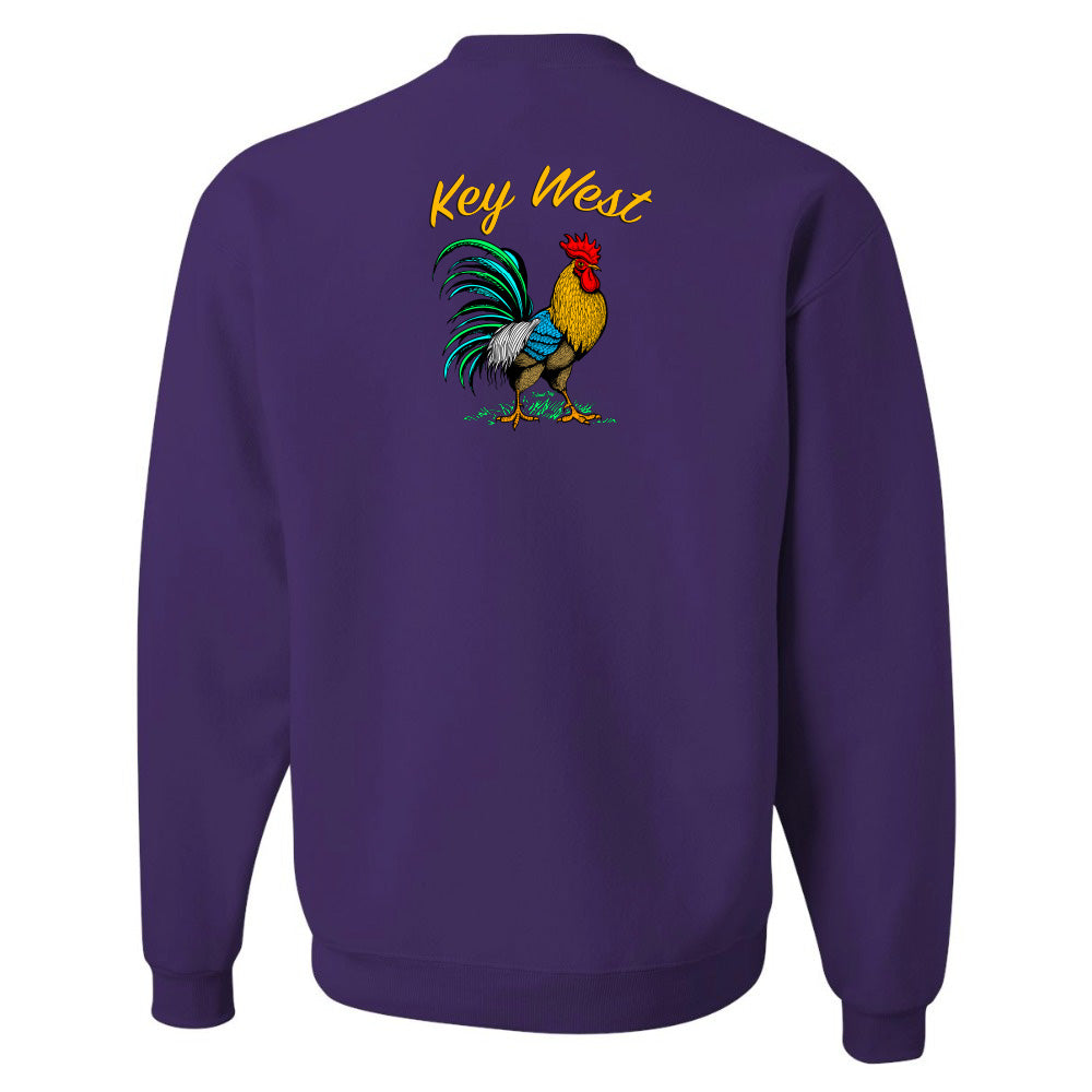 Purple sweatshirt with a rooster graphic and 'Key West' text on the back against a white background