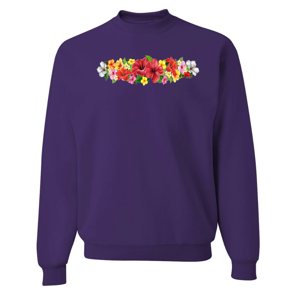 Purple sweatshirt with a colorful floral design on a white background