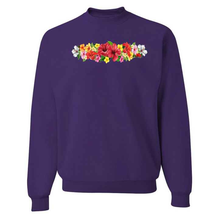 Purple sweatshirt with a colorful floral design on a white background