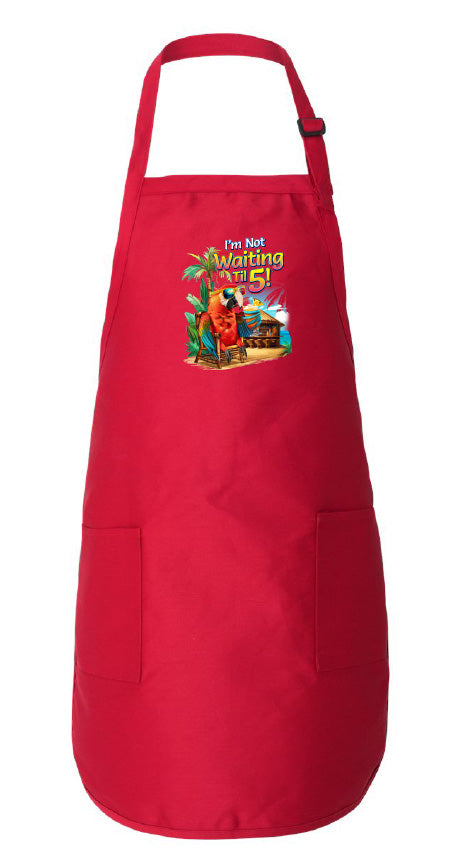 Red apron with a colorful graphic on a white background
