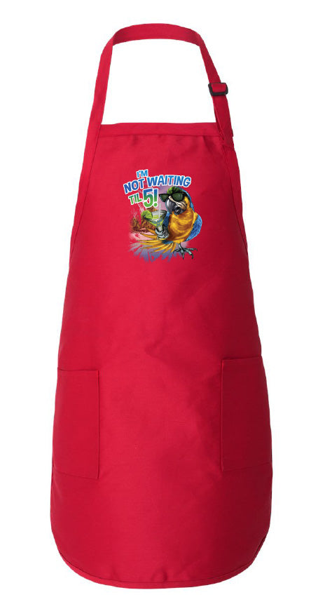 Red apron with a colorful graphic design on a white background