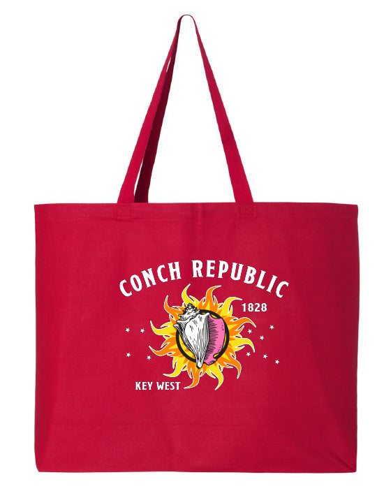Red tote bag with 'Conch Republic 1828' and sun design on a white background