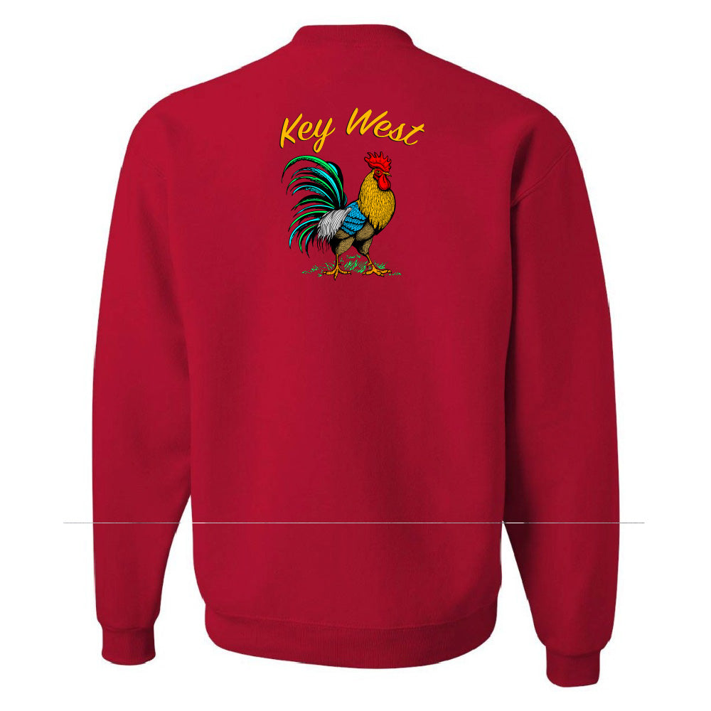 Red sweatshirt with a colorful rooster graphic and 'Key West' text on the back.
