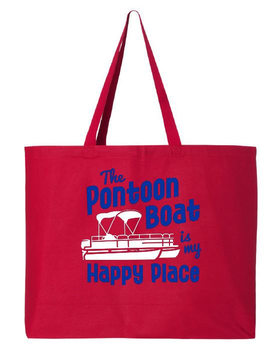 Red tote bag with blue text and a pontoon boat graphic on a white background