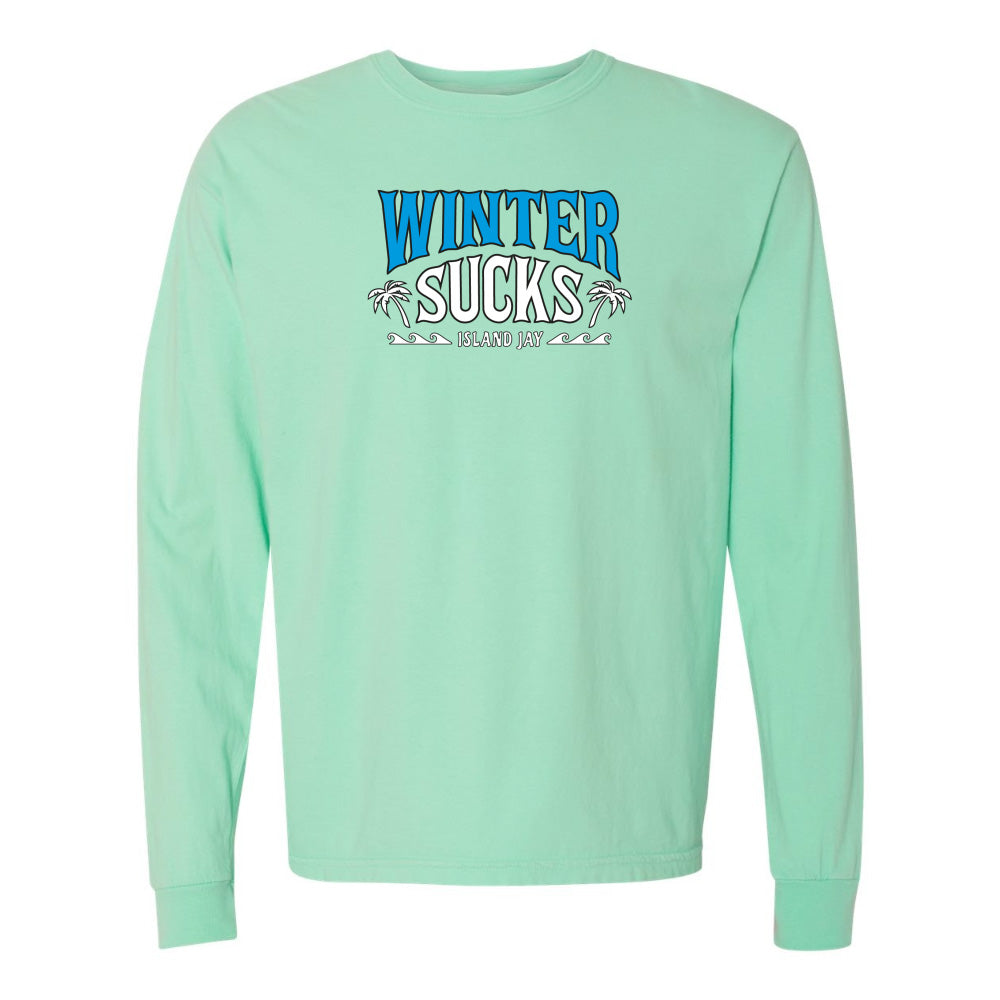 Mint green long-sleeve shirt with 'Winter Sucks' text on a white background