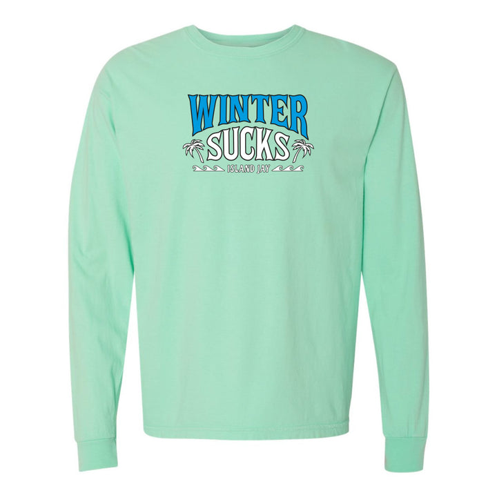 Mint green long-sleeve shirt with 'Winter Sucks' text on a white background