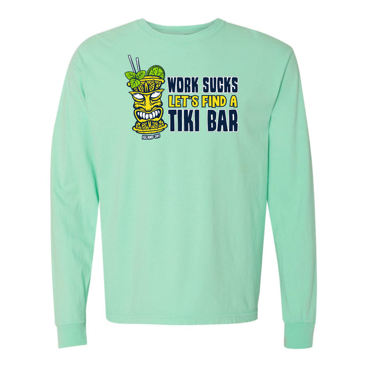 Mint green long-sleeve shirt with a tiki bar graphic and text on a white background