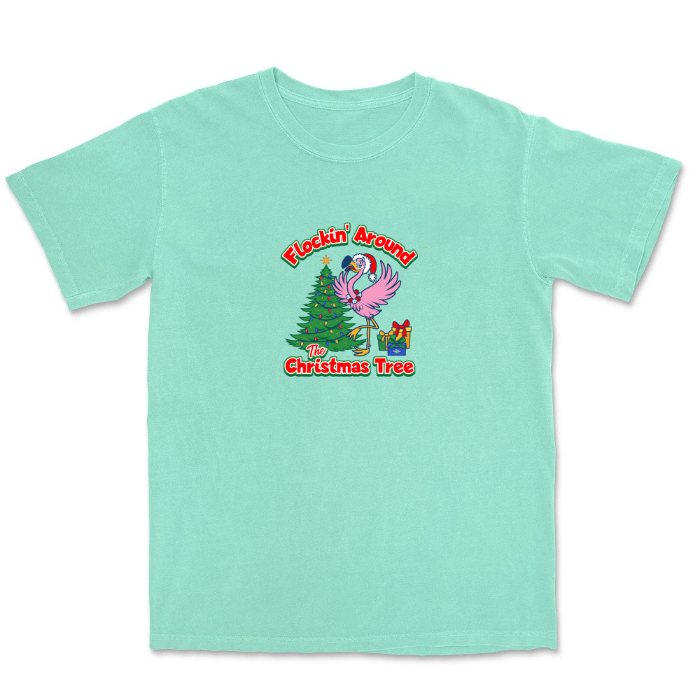 Mint green t-shirt with a Christmas-themed graphic and text
