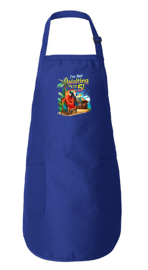 Blue apron with a colorful graphic and text on a white background