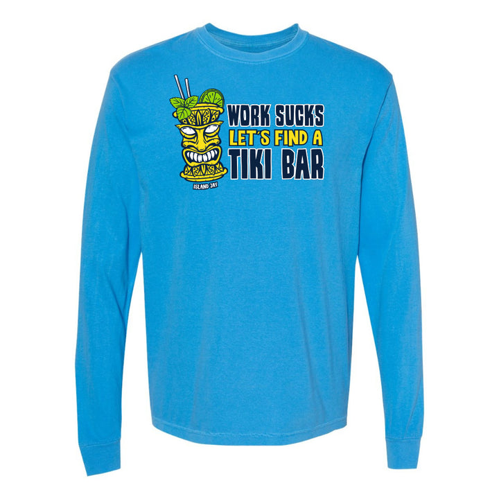 Blue long-sleeve shirt with a tiki bar graphic and text on a white background