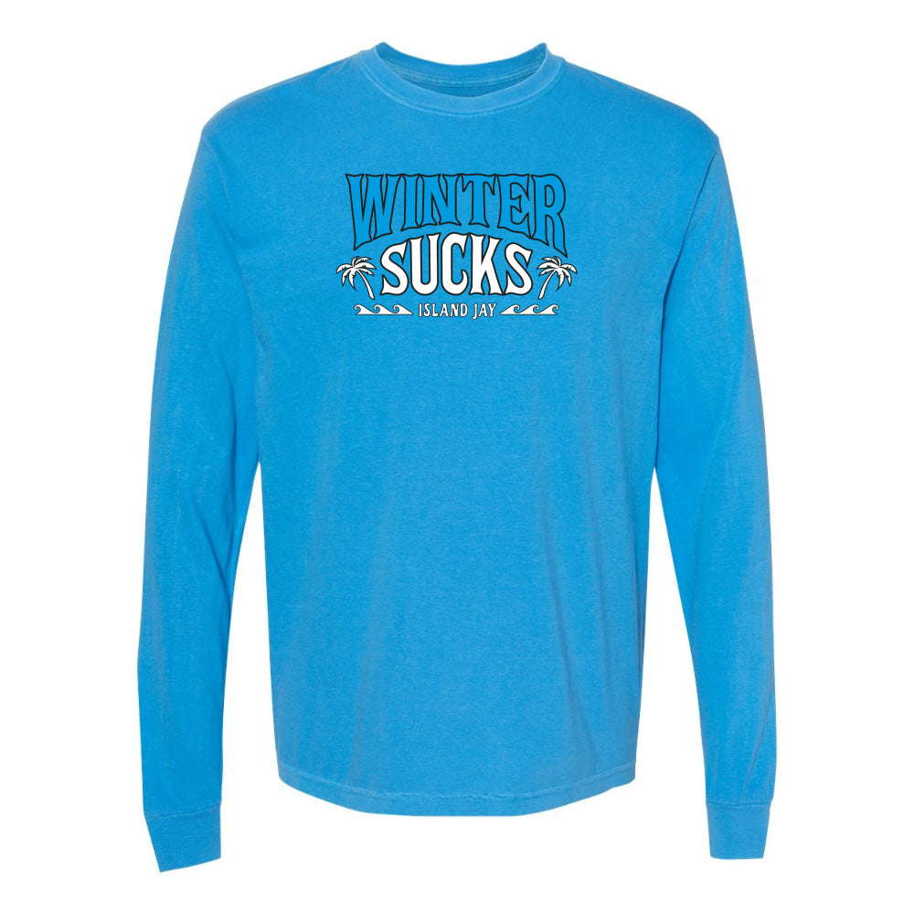 Blue long-sleeve shirt with 'Winter Sucks' text on a white background