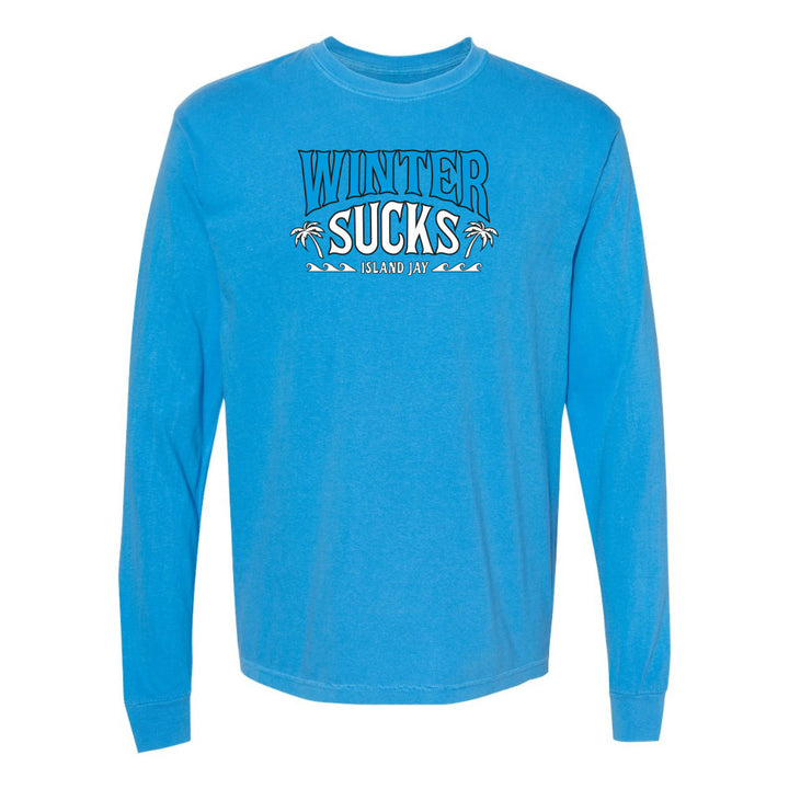 Blue long-sleeve shirt with 'Winter Sucks' text on a white background