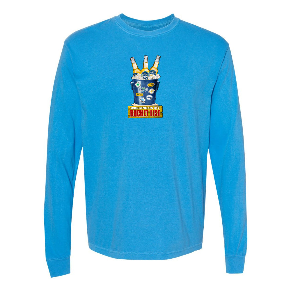 Blue long-sleeve shirt with graphic design on a white background