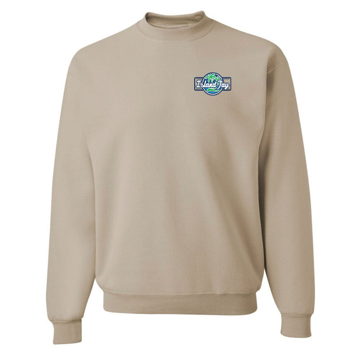 Beige sweatshirt with a logo on the chest against a white background
