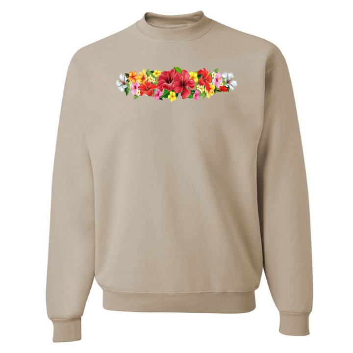 Beige sweatshirt with a colorful floral design on a white background