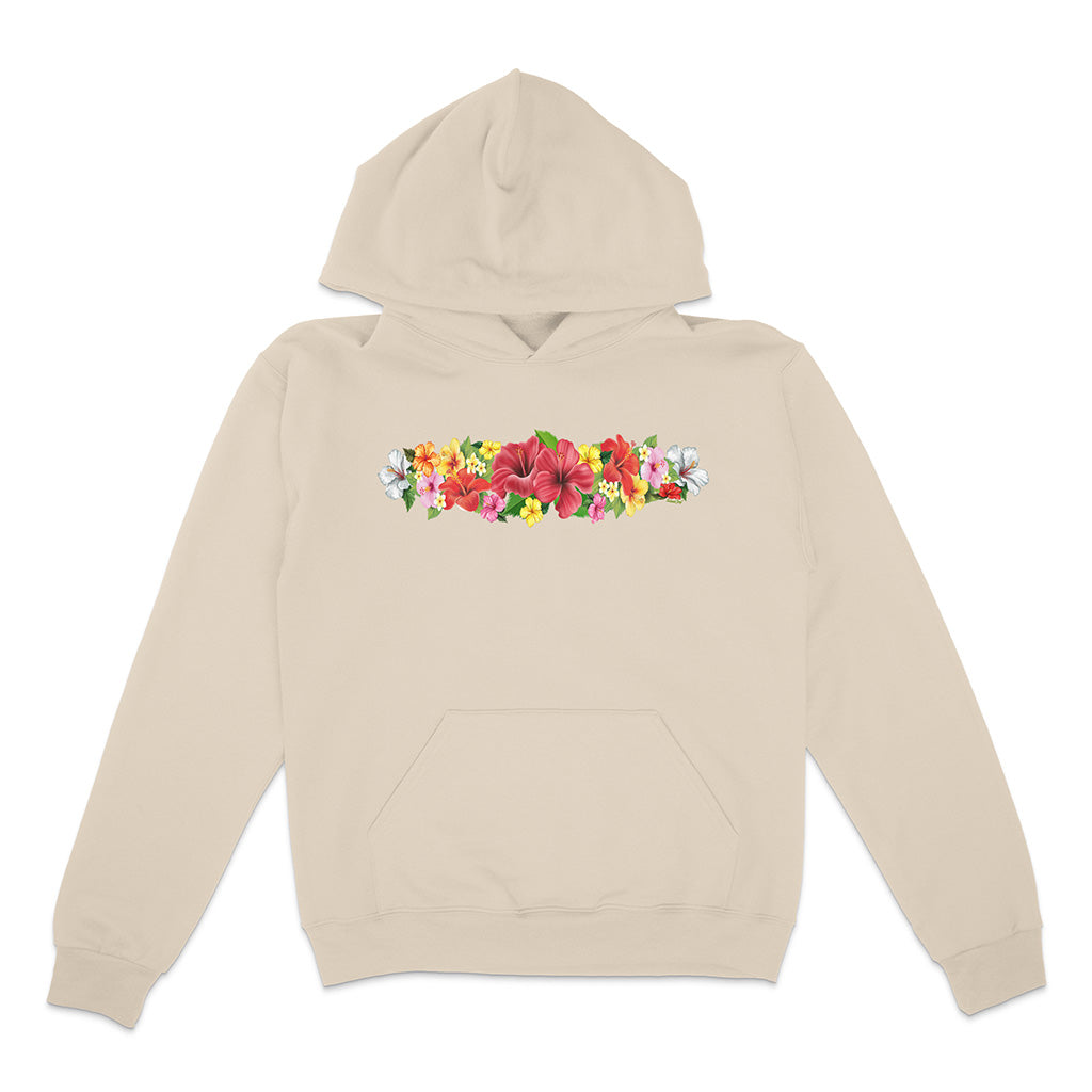Beige hoodie with a colorful floral design on the chest against a white background