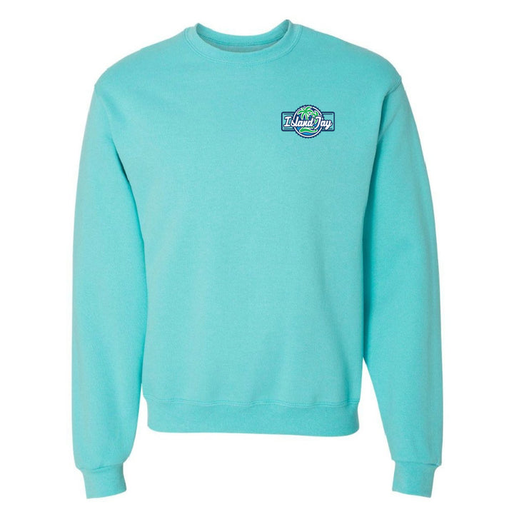 Turquoise sweatshirt with a logo on the chest against a white background
