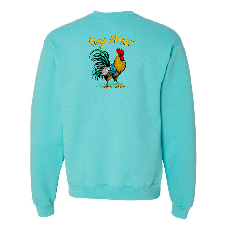 Turquoise sweatshirt with a rooster graphic and 'Key West' text on the back against a white background