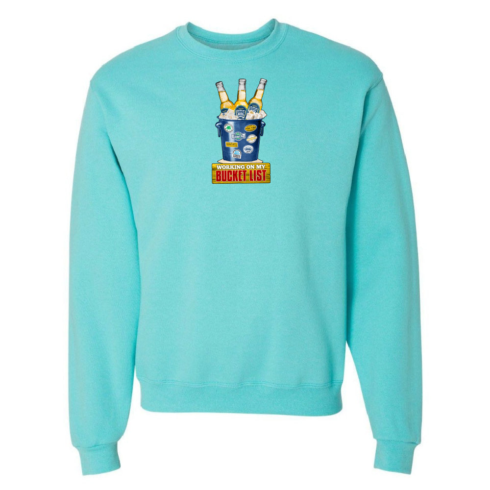 Turquoise sweatshirt with a graphic design on a white background