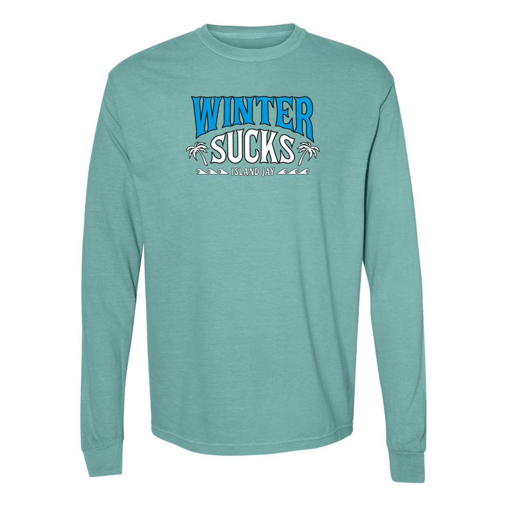 Teal long-sleeve shirt with 'Winter Sucks' text on a white background