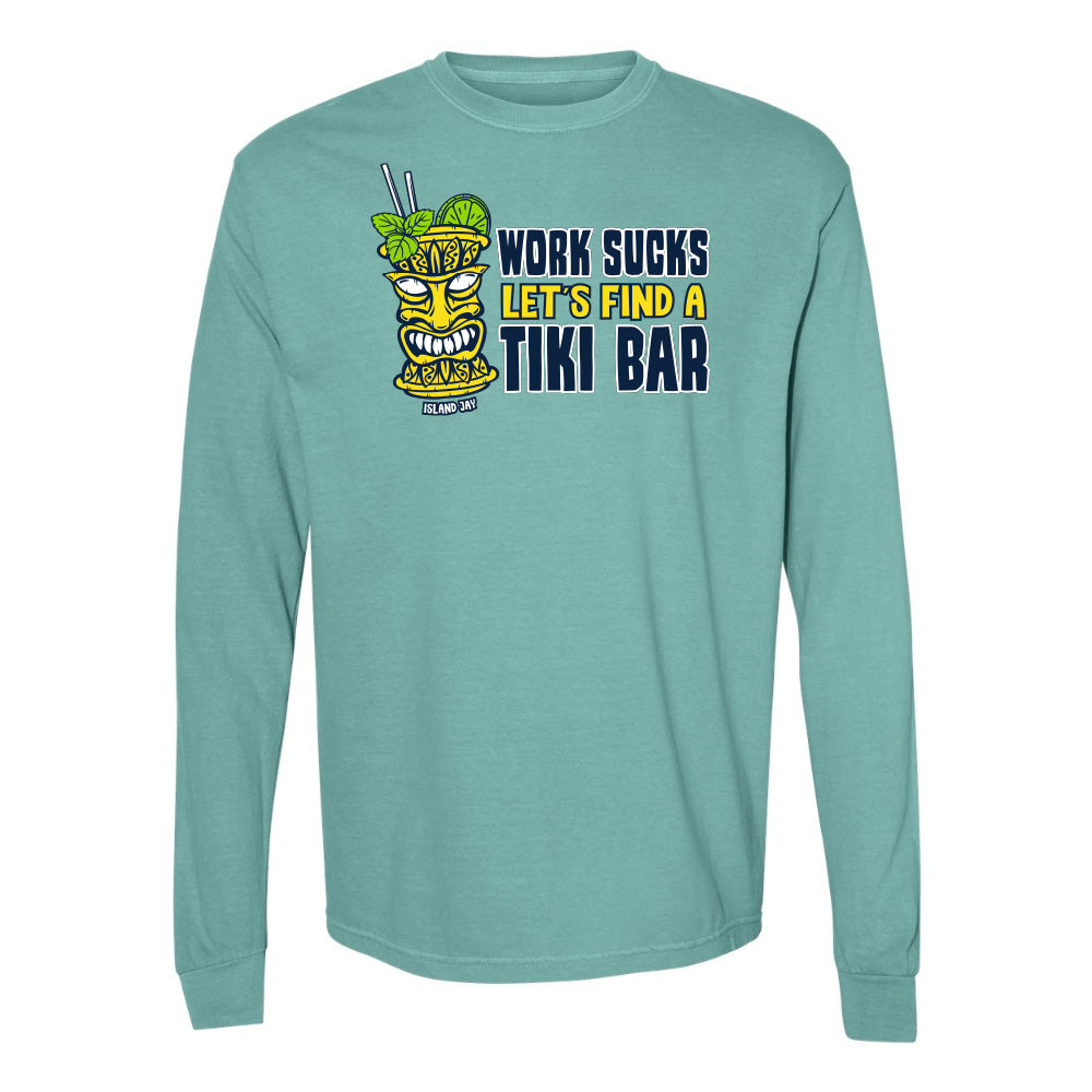 Teal long-sleeve shirt with tiki bar graphic and text on a white background