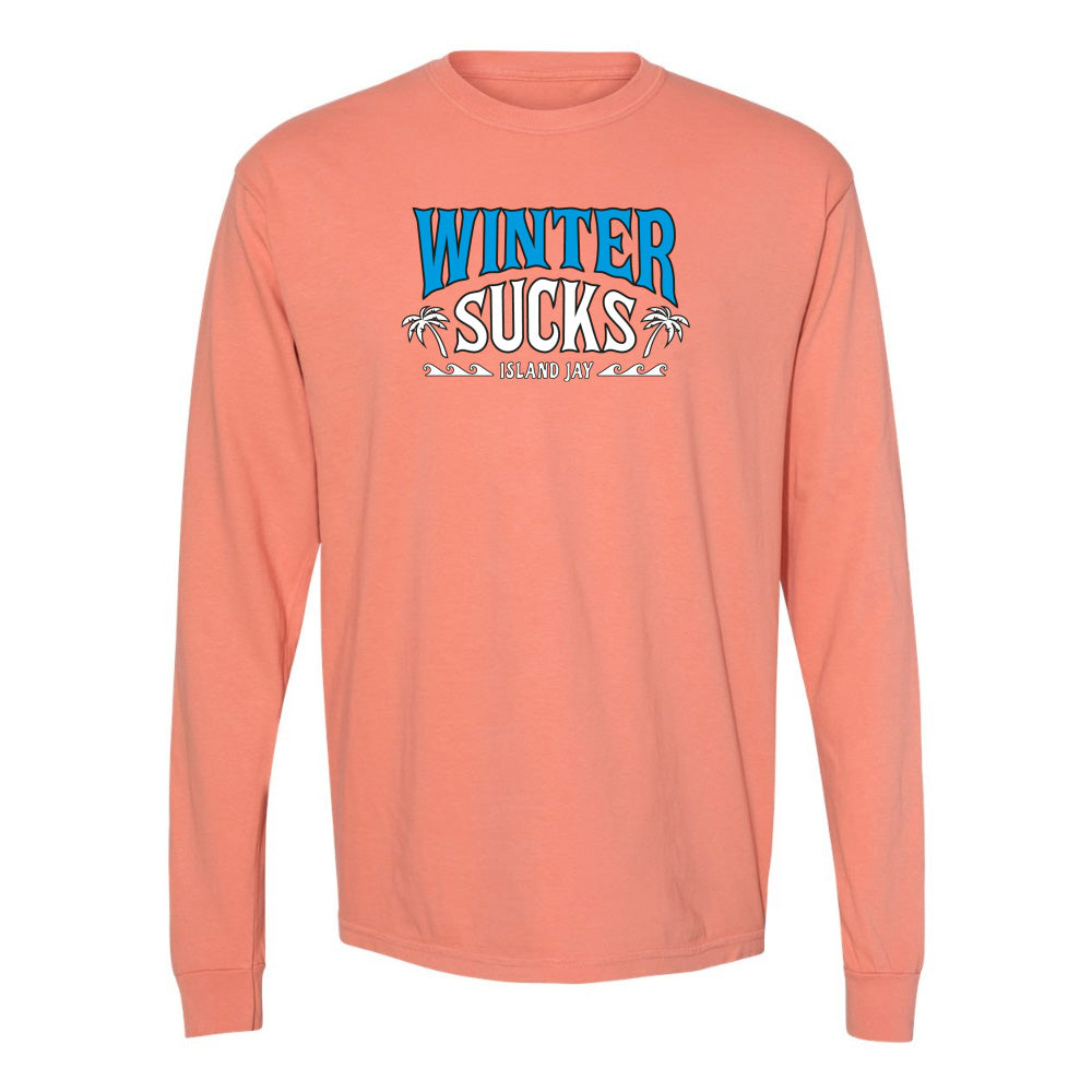 Coral long-sleeve shirt with 'Winter Sucks' text on a white background