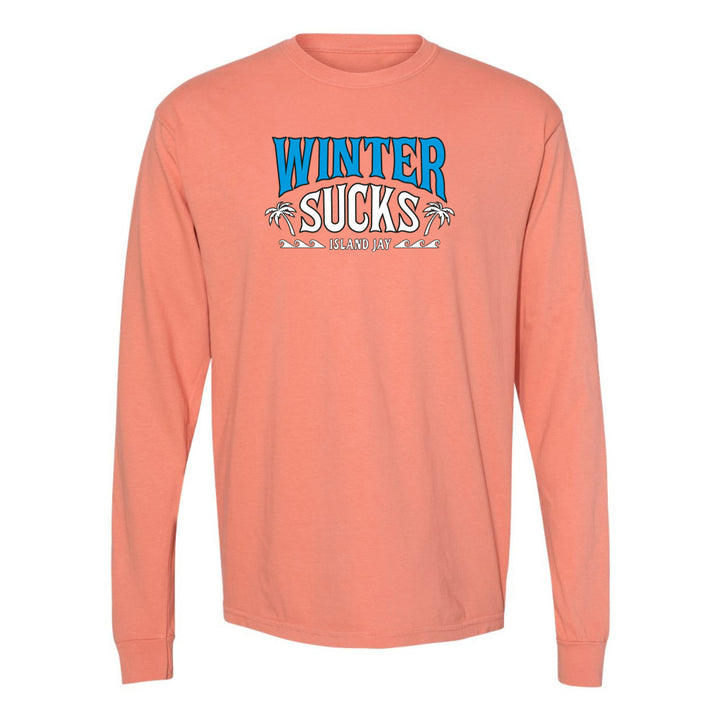 Coral long-sleeve shirt with 'Winter Sucks' text on a white background